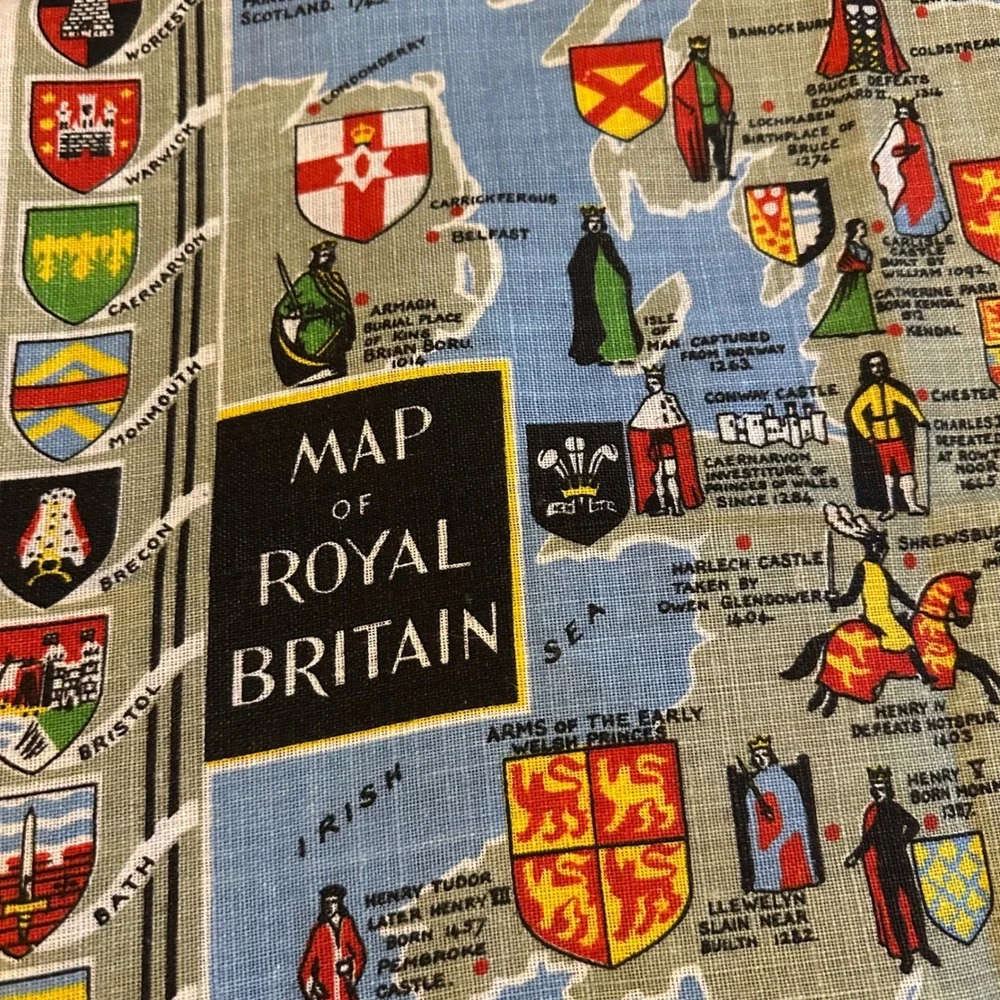 Vintage Map of Royal Britain Linen Tea Towel Made in Ireland 31x21 Heraldry